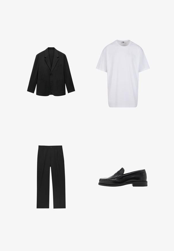 Czarna dopasowana marynarka z klapami, z dwoma guzikami i dwoma przednimi kieszeniami. Wykonana z gładkiego materiału, wyróżniająca się eleganckim, strukturalnym krojem.; Biała bawełniana koszulka z krótkimi rękawami, okrągłym dekoltem, luźnym krojem i bez widocznych logo lub wzorów. Gładka tekstura i minimalistyczny design.; Czarne spodnie o prostym kroju, wykonane z gładkiego materiału. Posiadają zakładki z przodu i pojedyncze zapięcie na guziki w pasie.; Czarne skórzane mokasyny o gładkim wykończeniu, ze stębnowaniem na nosie i niskim obcasem, zapewniającymi komfort i styl.