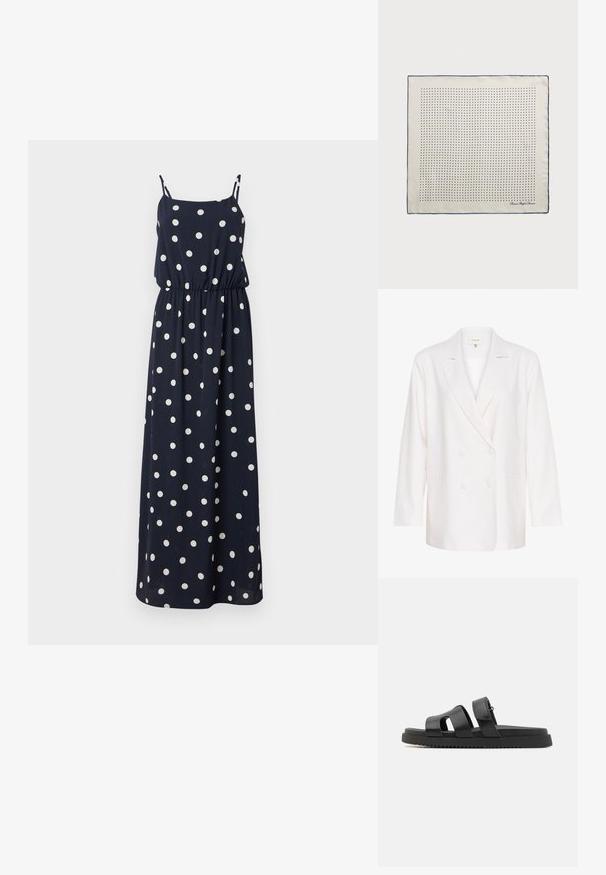 Hvit dobbeltrad blazer med spisse klaffer, lange ermer og to frontlommer. Laget av et lett, teksturert stoff.; Mørkeblå maxikjole med hvite prikker. Har tynne justerbare stropper, elastisk midje og en avslappet passform. Glatt stofftekstur.; Sorte lærsandaler med to brede stropper, åpen tå-design og en tykk svart gummisåle med et teksturert, rillestiplet mønster.; Silkesjal i kremfarge med en marineblå kant, prydet med jevnt fordelte marineblå prikker som danner et mønster. Signatur trykt i hjørnet.