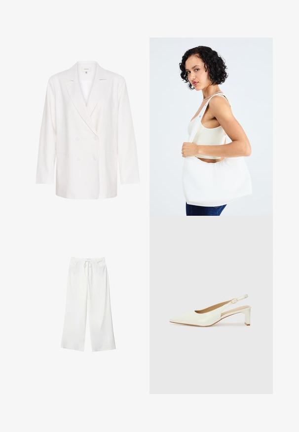 Bela dvoredna blazerjakna z odrezanimi reverji, dolgimi rokavi in dvema sprednjima žepoma. Narejena iz lahkega, strukturiranega materiala.; Bela brezrokavnica s okroglim izrezom. Narejena iz gladkega materiala, ima sproščen kroj in minimalističen dizajn. Brez vzorcev ali okrasnih elementov.; Bela široka hlače iz mehkega materiala, z vrvico v pasu in dvema sprednjima žepoma. Gladek texture in brez vidnih vzorcev.; Bele begaste usnjene slingback čevlje z ostrim nosom in nizkim blokastim peto. Imajo diskreten trak z zlatim podrobnostim s sponko.; Bela torba za ramena, izdelana iz gladkega materiala, z ovalnim izrezom in širokim trakom. Preprosta in sodobna, brez vidnih kovinskih delov.