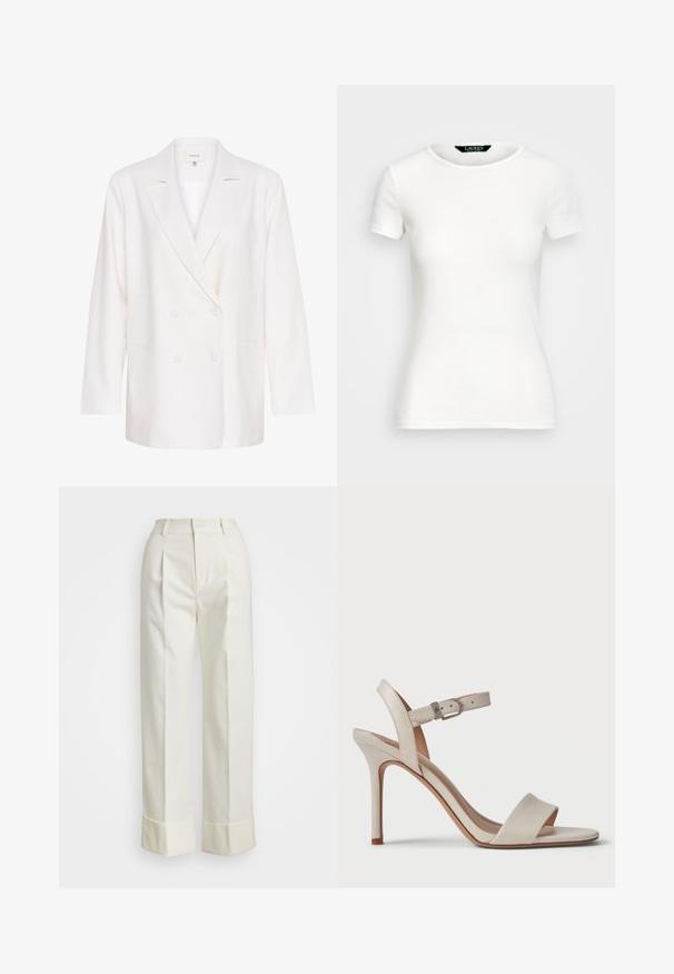 Biely sako s dvojitým zapínaním a klopami, dlhými rukávmi a dvoma prednými vreckami. Vyrobené z ľahkej, textúrovanej látky.; Biele bavlnené tričko s krátkymi rukávmi, okrúhlym výstrihom, priliehavým strihom a hladkou textúrou. Logo nášivka na výstrihu.; Biele sako nohavice s vysokým pásom, dvojitými prednými záhybmi a širokými nohavicami s prehnutými manžetami. Vyrobené z hladkej, textúrovanej látky.; Bežové sandále na vysokom opätku s hladkým koženým povrchom, otvorenou špičkou, širokým predným popruhom a nastaviteľným opaskom okolo členku s kovovou prackou.