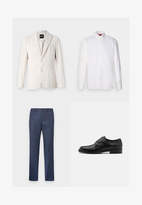 Bežový blejzer s jednoradovým zapínaním, dvoma prednými vreckami, klopovým límcom a gombíkovým zapínaním. Hladká textúra s prispôsobeným strihom.; Biela košeľa s dlhým rukávom vyrobená z bavlny, s klasickým golierom, predným zapínaním na gombíky a hladkou textúrou. Červený detail na vnútornej strane goliera.; Námornícke modré nohavice vyrobené z textúrovanej látky, s rovnými nohavicami, plochým predkom a dvoma bočnými vreckami. Žiadne viditeľné vzory ani akcenty.; Čierne kožené spoločenské topánky s dvojitými prackami, elegantným siluetou a okrúhlou špičkou. Majú nízky opätok a hladký povrch.