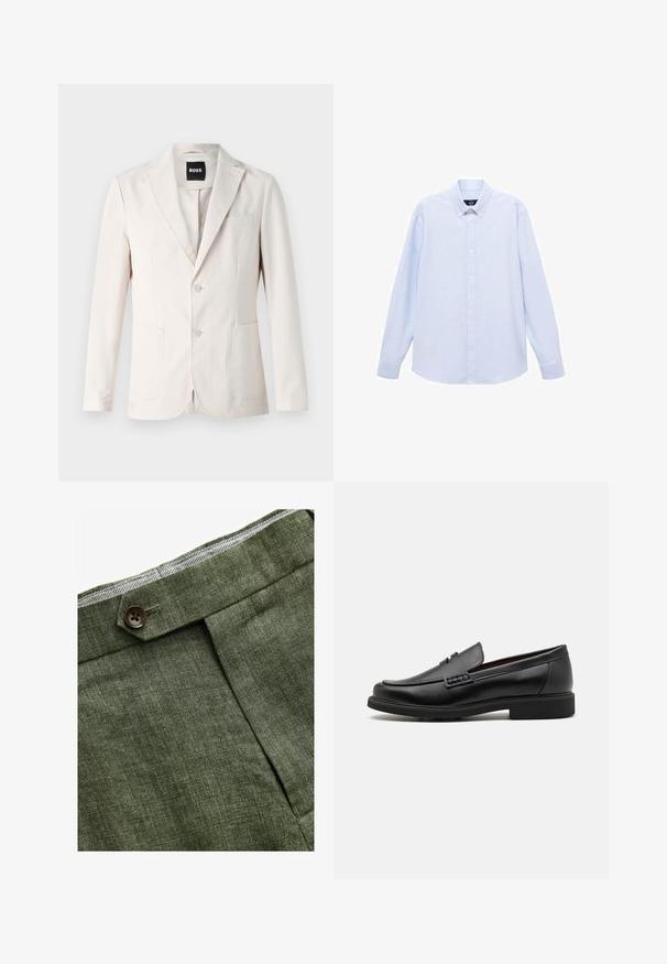 Beige blazer with a single-breasted design, two front pockets, notch lapel, and button closure. Smooth texture with a tailored fit.; Light blue long-sleeve button-up shirt with a classic collar, straight hem, and subtle texture. Features a central button closure.; Olive green linen trousers with a front pleat, featuring a button closure and a contrasting checkered lining at the waistband.; Black synthetic loafers with a prominent stitched front, cushioned insole, and flat rubber outsole; sleek design with minimal detailing.