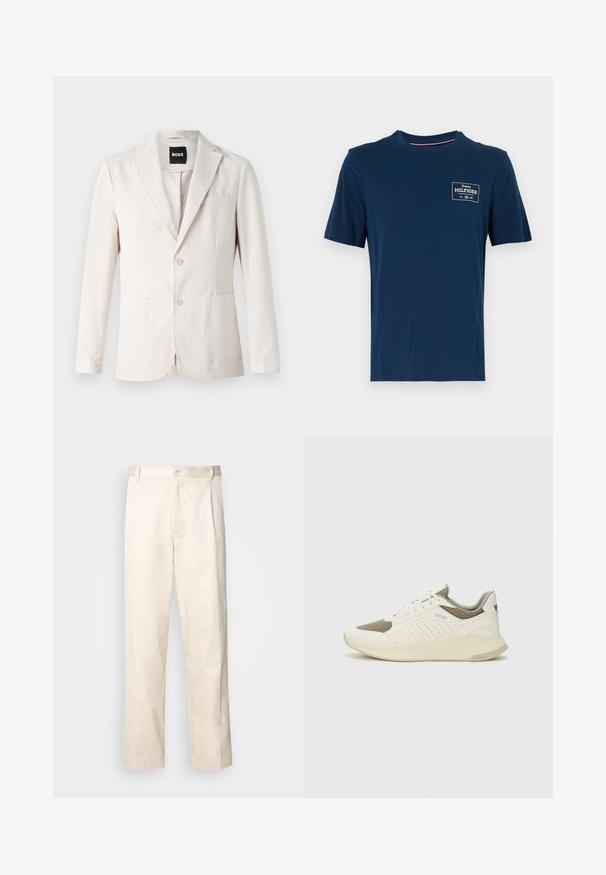 Blazer beige con diseño de un solo pecho, dos bolsillos frontales, solapa de muesca y cierre de botón. Textura suave con un corte ajustado.; Camiseta de algodón de color azul marino con escote redondo, mangas cortas y un pequeño estampado de logo blanco en el área del pecho izquierdo. Textura suave.; Pantalones de algodón beige con corte recto, que cuentan con un cierre de botón y pliegues en la parte frontal para un detalle adicional.; Zapatilla deportiva en blanco y beige claro, con parte superior de malla, detalles perforados y una mediasuela texturizada con la marca en el talón.