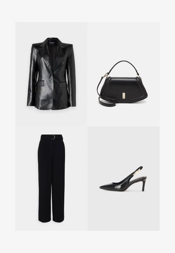 Black leather blazer with a notched lapel, single button closure, and two front pockets. Features a smooth texture and tailored fit.; Black cotton t-shirt with a crew neckline, short sleeves, and an embroidered logo on the chest. Simple, relaxed fit with no patterns.; Black tailored pants with a wide-leg silhouette, featuring a belt with a silver buckle, pleats, and a smooth fabric texture.; Black leather slingback high-heeled shoe with a pointed toe, smooth texture, and a narrow ankle strap featuring gold hardware accents.; Black leather handbag with a structured design, featuring a cropped shape, top handle, and gold hardware accent. Adjustable shoulder strap included.