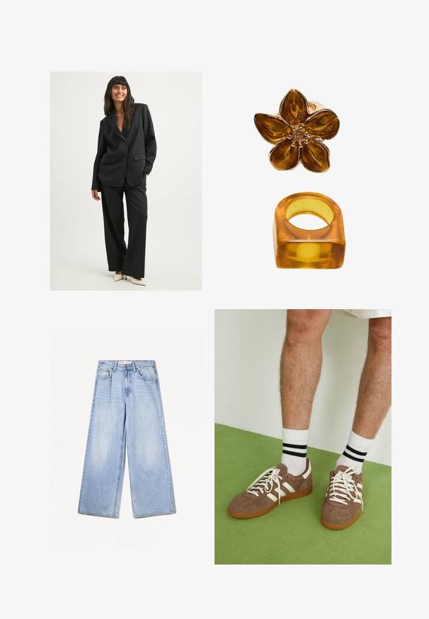 Musta viivakoottu puku, jossa on rento istuvuus. Sisältää kaksipainikkeisen bleiserin ja leveälahkeiset housut. Sujuva kangas, vähäiset yksityiskohdat ja taskut.; Ruskea, hihaton toppi, jossa on kootut rintakappaleet, säädettävät spagettiolkaimet, röyhelöreunat sekä rento istuvuus, jossa on nyöriyksityiskohta.; Bershka WIDE-LEG - Leveälahkeiset - light-blue denim; Ruske nahkate sneakerit valkoisilla korostuksilla ja nauhoilla. Kumi-gumipohja. Yhdistetty valkoisiin sukkiin, joissa on mustia raitoja. Vihreä teksturoitu lattia.; Kellertävä kukkakehys, jolla on kiiltävä pinta ja pyöreä keskipiste, yhdessä vastaavanmuotoisen neliömäisen kellertävän sormuksen kanssa.