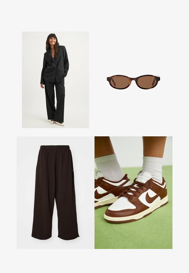 Costume noir à rayures avec une coupe décontractée. Comprend une veste à double bouton et un pantalon à jambes larges. Tissu lisse, accents minimalistes et poches.; Haut sans manches vert clair en tissu lisse, avec un col montant et une silhouette ajustée. Pas de matériel ou de motifs visibles.; Pantalons brown à coupe large en tissu doux, avec une taille élastique et un design décontracté, idéaux pour un port confortable.; Baskets en cuir marron et blanc avec bout perforé, accents texturés et lacets plats. Le modèle présente un design bas et une semelle en caoutchouc.; Lunettes de soleil teintées de marron avec des montures ovales, présentant un motif écaille de tortue et des branches larges. Texture lisse et détail de marque subtil sur le côté.; Petit sac à main rectangulaire en cuir noir avec de longues poignées et une fermeture éclair, présenté sur un fond blanc.
