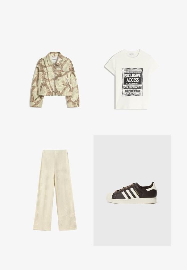 Skrajšan jakna z bež in rjavim abstraktnim kamo vzorcem, ki ima sprednji zadrgo in dva stranska žepa z zadrgo. Groba tekstura.; Bela majica s črnim napisom, ki promovira glasbeni dogodek, z besedami "Ekskluziven dostop," "Rock Indie koncerti" in "Superzvezdniška glasbena izkušnja."; Široke hlače iz teksturirane krem tkanine. Oblikovanje vključuje valovito strukturo, z visokim pasom in dolžino hlač do tal.; Nizki adidas Superstar copat iz temno rjavega usnja s kremasto školjkasto konico, belimi črtami in napisom "Superstar" na strani.