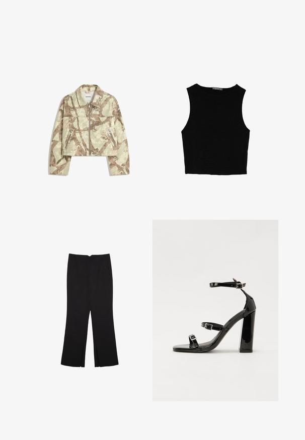 Skrajšan jakna z bež in rjavim abstraktnim kamo vzorcem, ki ima sprednji zadrgo in dva stranska žepa z zadrgo. Groba tekstura.; Črn brez rokavov crop top, izdelan iz gladkega materiala, z okroglim izrezom in čistim, preprostim dizajnom brez vzorcev ali dodatkov.; Črne hlače ravnega kroja z naglavnimi žepi in stranskimi razporki na robu. Narejene iz mehke, gladke tkanine. Primerne za različne priložnosti.; Črne lakirane sandale s peto, kvadratnim prstom, trakovi okrog gležnja in srebrnimi zaponkami. Opremljene so s stabilno Debelo peto.