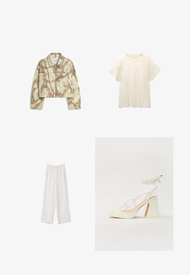 Skraćena jakna s bež i smeškim apstraktnim kamuflažnim uzorkom, koja ima prednji špagu i dva bočna džepa s rajsferšlusom. Mljevena tekstura.; Svijetlo bež majica kratkih rukava s okruglim izrezom, izrađena od meke, glatke tkanine. Karakterizira je opušteni kroj i ravni rub.; Bijele hlače širokih nogavica napravljene od lagane tkanine. Imaju elastičan pojas s ušicom i bočne džepove. Glatka tekstura.; Bijela sandala na visokoj potpetici s debelim petom, s remenom i vezanjem oko gležnja. Glatka tekstura s platformom sprijeda za dodatnu visinu.