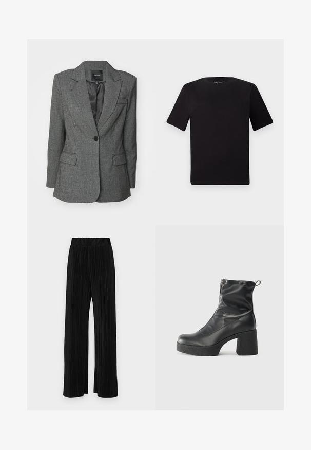 Pelēks žakets, izgatavots no teksturēta auduma, ar iedobtu apkakli, vienu pogu aizdari un divām priekšējām kabatām. Redzama izklāta iekšpuse.; Melnas īsām piedurknēm T-krekls ar apaļu kakla izgriezumu, izgatavots no mīksta kokvilnas auduma. Vienkāršs dizains, bez redzamām logo vai rakstiem.; Melni plīšu bikses ar elastīgu jostu. Tām ir platākas kājas un gluda, teksturēta auduma ar vertikālām svītrām.; Melni potītes zābaki, kas izgatavoti no gludas ādas, ar sānu rāvējslēdzēju, masīvu strukturētu papēdi un noapaļotu purngalu.