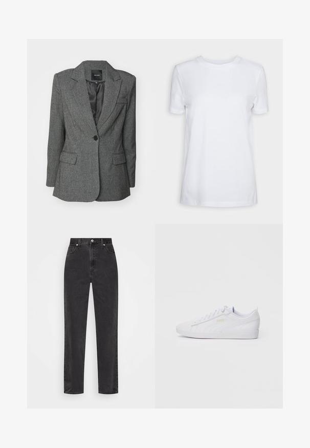 Pilkas švarkas, pagamintas iš tekstūrinio audinio, su įpjautais atvartais, vieno mygtuko uždarymu ir dviem priekinėmis kišenėmis. Matoma užsegama pamušalas.; Balta trumpa rankovėmis marškinėliai, pagaminti iš medvilnės. Apvalios iškirptės dizainas su lygiu paviršiumi ir be matomų raštų ar akcentų. Pagrindinis stilius.; Tiesios kojų juodos džinsinės kelnės su aukštu juosmeniu, priekyje esančia užtrauktuku ir mygtuku, bei penkių kišenių stiliumi ant balto fono.; Balti žemų Puma sportbačių su raišteliais priekinėje dalyje, subtiliu prekės ženklo ženklu šone ir padais, bei lygiu sintetiniu viršumi, kurie skirti kasdieniam dėvėjimui.