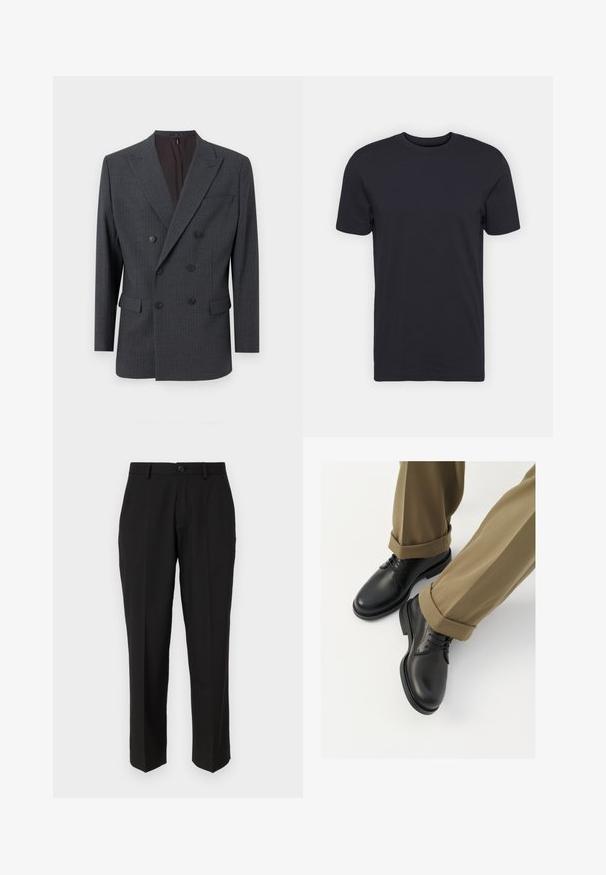 Šedý dvouřadý blazer s pruhy, s klopeným límcem, dvěma předními kapsami a černými knoflíky. Hladká textura látky.; Černé bavlněné tričko, krátké rukávy, kulatý výstřih, jednobarevné, lehká tkanina, hladká textura, žádné viditelné vzory nebo grafika.; Černé kalhoty vyrobené z hladkého materiálu, s rovnými nohavicemi, předními kapsami, zapínáním na jeden knoflík a bez viditelných vzorů.; Černé kožené společenské boty s hladkým povrchem, s tkaničkami a kulatou špičkou, kombinované s vykrojenými khaki kalhotami.