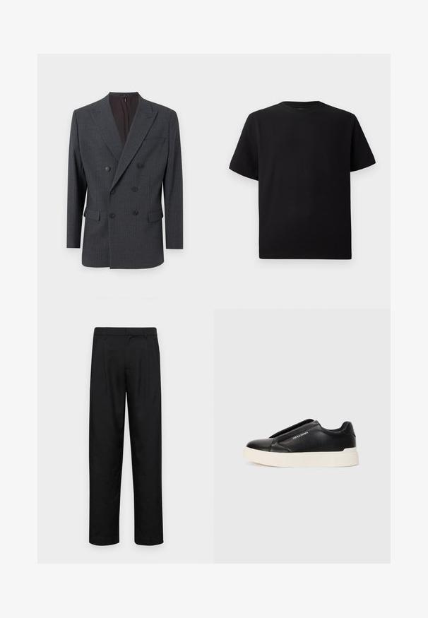 Blazer grigio doppiopetto con righe sottili, dotato di colletto a bavero, due tasche anteriori e bottoni neri. Tessuto dalla texture liscia.; T-shirt corto nero a maniche corte realizzato in tessuto testurizzato, con scollatura rotonda e vestibilità comoda. Semplice, senza motivi o dettagli.; Pantaloni neri realizzati in tessuto liscio, caratterizzati da un taglio dritto, due pieghe frontali e una vita standard con passanti per la cintura.; Sneaker nera slip-on con parte superiore in pelle texturizzata, suola in gomma bianca e senza lacci visibili. Presenta il logo del marchio sul lato.