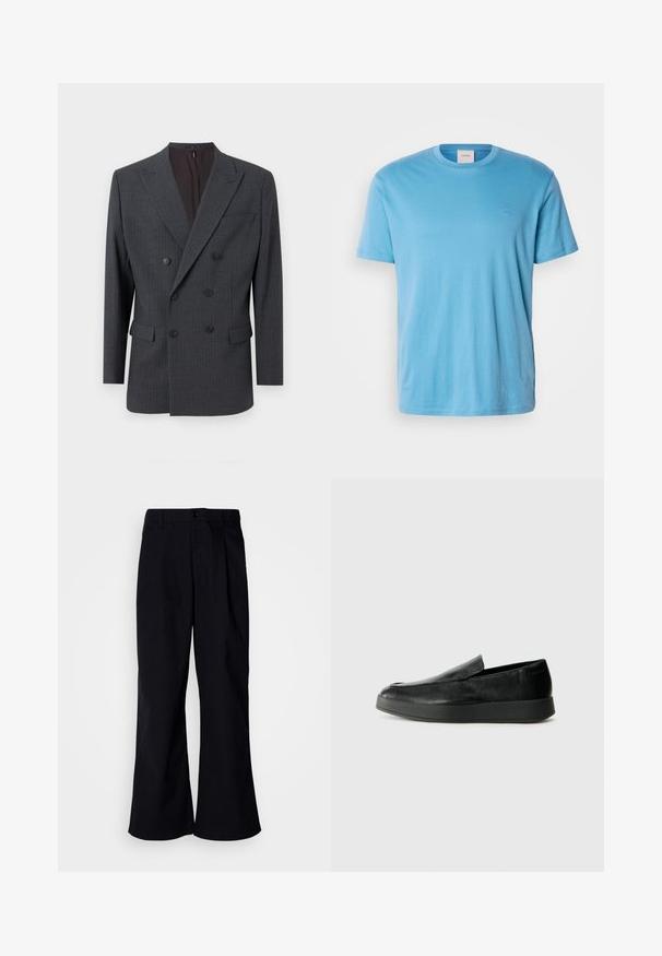 Blazer grigio doppiopetto con righe sottili, dotato di colletto a bavero, due tasche anteriori e bottoni neri. Tessuto dalla texture liscia.; T-shirt in cotone azzurro chiaro a maniche corte con collo rotondo e un piccolo logo ricamato sul petto. Tessuto liscio, vestibilità regolare.; Pantaloni neri a gamba larga in cotone con piega frontale, dotati di chiusura con bottone e passanti per cintura, texture liscia e senza motivi visibili.; Calvin Klein HYBRID CUP - Scarpe senza lacci - triple black