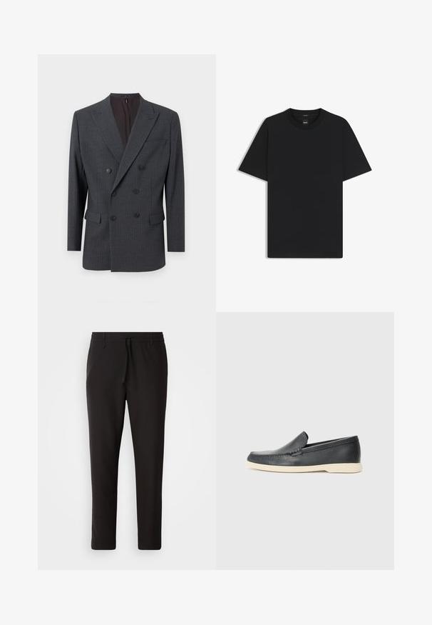 Grå dobbeltbrystet blazer med striber, med reverskrave, to forlommer og sorte knapper. Glat stoftekstur.; Sort kortærmet T-shirt lavet af en glat bomuldsblanding, med en rund halsudskæring og et minimalistisk design uden mønstre eller accenter.; Sorte joggebukser lavet af glat stof. Har en elastisk talje med snor, tætsiddende ben og ingen synlige lommer. Enkel design.; Sorte læder slip-on loafers med en struktureret overflade og en kontrasterende beige gummisål. Har en subtil detalje langs forsiden.