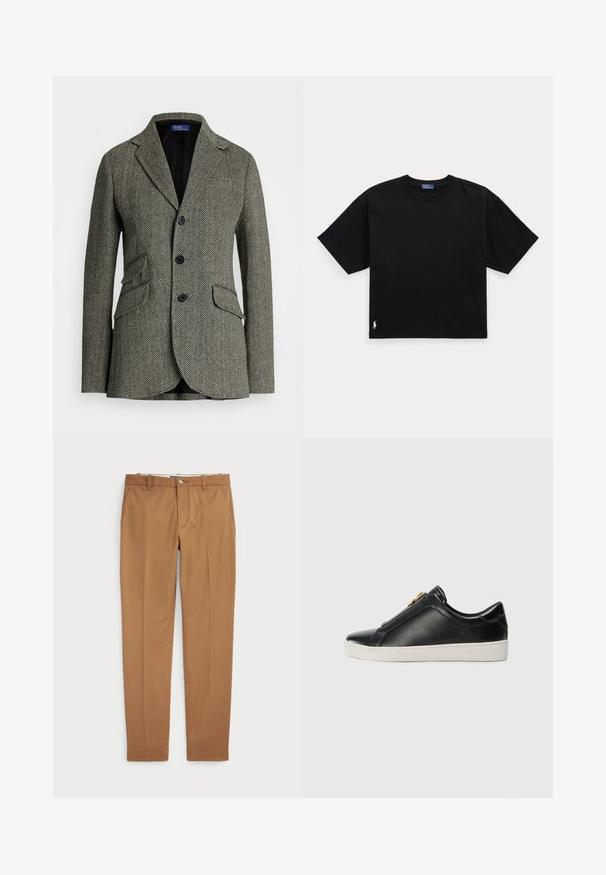 Polo Ralph Lauren Σακάκι - black/cream; Μαύρο βαμβακερό t-shirt με κοντά μανίκια, στρογγυλή λαιμόκοψη και μικρό λευκό λογότυπο στο κάτω αριστερό μέρος. Κλασική, τετράγωνη εφαρμογή με ελάχιστες λεπτομέρειες.; Καφέ βαμβακερό παντελόνι με κομψή γραμμή, επίπεδο μπροστινό μέρος και κανονικές τσέπες; λεία υφή και ραμμένα μανίκια.; Μαύρα δερμάτινα παπούτσια χωρίς κορδόνια με ανυψωμένη ραφή, ασημένια μεταλλικά στοιχεία στο επάνω μέρος και λευκή καουτσούκ σόλα με ανάγλυφο λογότυπο.