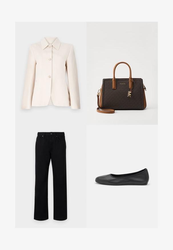 Blazer di un beige chiaro con colletto a risvolto, cinque bottoni frontali e una texture liscia. Taglio sartoriale con maniche lunghe e tasche laterali.; Blusa bianca con scollo a barca, parte anteriore plissettata e maniche a palloncino a tre quarti. Realizzata in tessuto leggero con una consistenza morbida.; Jeans neri a gamba dritta realizzati in cotone, con chiusura frontale a bottone, passanti per cintura e cinque tasche. Texture liscia senza motivi.; Pantofole da balletto nere in pelle con punta arrotondata, texture liscia, dettagli di cucitura minimi e design con suola flessibile.; Borsa a tracolla in pelle marrone con motivo monogram, doppi manici superiori, tracolla removibile, hardware color oro e charm con logo.