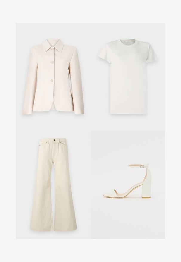 Gaiša bež žakete ar griezuma apkakli, pieciem priekšējiem pogām un gludu tekstūru. Pielāgotas formas ar garām piedurknēm un sānu kabatām.; Balts īsām piedurknēm T-krekls no kokvilnas ar apaļu kakla izgriezumu un vienkāršu griezumu. Uz tagiem iekšā apkaklē ir rakstīts "DESIGNERS REMIX".; Gai bēšas platās bikses, kas izgatavotas no kokvilnas. Tām ir augsts jostasvieta, piecas kabatas un pogu aizdare ar kontrastējošiem dūrieniem.; Balts ādas blokpārklājs ar siksniņu ap potīti, kurai ir sprādze un minimālistisks dizains. Atvērta purna un gludas virsmas visā apavā.