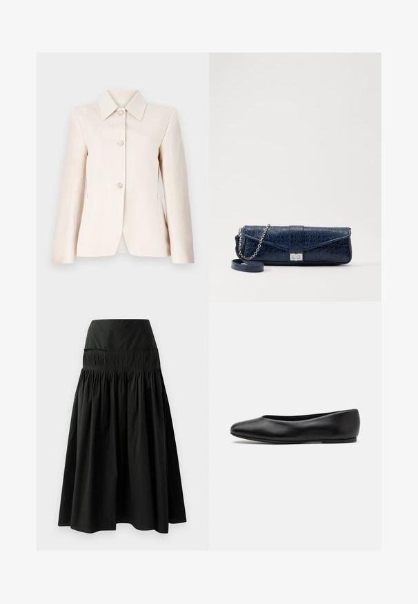 Světlý béžový blejzr s klopovým límcem, pěti předními knoflíky a hladkou texturou. Střih na míru s dlouhými rukávy a bočními kapsami.; Šedý proužkovaný top bez rukávů s přiléhavým střihem, širokými průramky a zaobleným výstřihem. Vyrobeno z měkké bavlny s hladkou texturou.; Černá sukně po kolena vyrobená z hladkého materiálu, s dobře padnoucím pasem a nabíraným designem pro objem.; Paul Smith TOPANGA - Klasické baleríny - black; Námořnická modrá kožená kabelka s krokodýlí texturou, stříbrným řetízkovým popruhem a kovovým zapínáním. Obdélníkový tvar s překlápěcím designem.