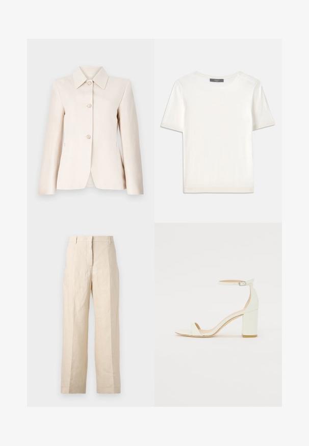 Světlý béžový blejzr s klopovým límcem, pěti předními knoflíky a hladkou texturou. Střih na míru s dlouhými rukávy a bočními kapsami.; Bílý pletený top s krátkým rukávem a kulatým výstřihem, s hladkou strukturou a jemnými ribovými akcenty na rukávech a lemu.; Bežové lněné kalhoty s volným střihem, sklady na přední straně a rovnými nohavicemi. Mají pas s poutky na opasek a žádné viditelné kapsy.; Bílé kožené sandály na blokovém podpatku s ankle strapem a přezkou, minimalistický design. Otevřená špička a hladké textura po celém povrchu.