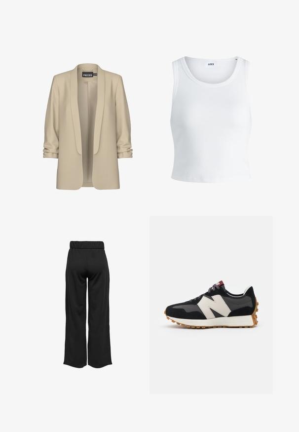 Blazer bege com colarinho chalé e aberto à frente. Textura suave e lisa; mangas 3/4 com um detalhe franzido. Sem fechos.; Top curto branco com nervuras, apresentando um decote redondo, design sem mangas e um comprimento cropped. Rótulo lê "JJXX." Textura de tecido suave.; Calças largas e pretas com uma cinta elástica, feitas de um tecido suave. Apresentam um design limpo, sem bolsos ou detalhes de costura visíveis.; Sneaker em camurça preta e cinza com um grande logótipo "N" creme, cordões roxos e uma sola de borracha texturizada em cor de goma.