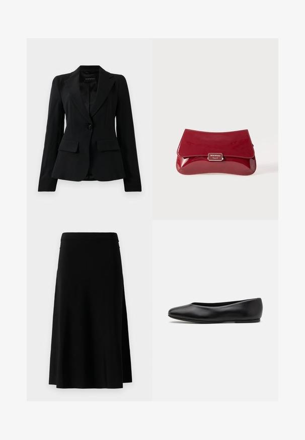 Blazer preto sob medida com lapelas em bico, fecho de botão preto único e duas bolsos frontais de aba, exposto contra um fundo branco liso.; Top preto de manga curta, feito de tecido liso, com uma gola ampla, um design frontal retangular e um fecho discreto nas costas.; Saias preta até aos joelhos com corte reto e fenda lateral, exibida contra um fundo branco.; Paul Smith TOPANGA - Sabrinas - black; Clutch em pele vernizada vermelha com um design curvado, aba a dobrar e um detalhe de logótipo em metal numa placa prateada. Textura suave e brilhante.