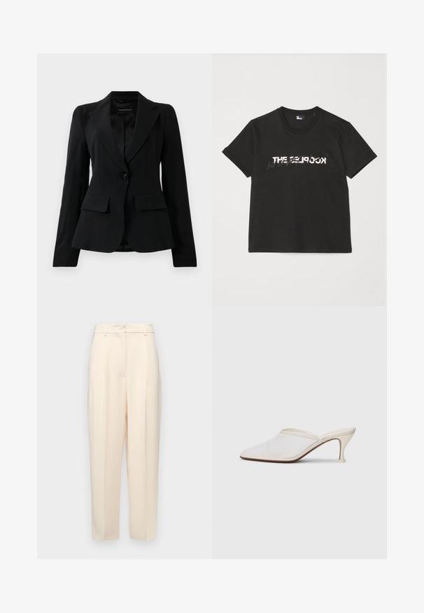 Čierny sakový blejzer s klopami, s jedným čiernym gombíkom a dvoma prednými vreckami so záklopkami, zobrazený na bielom pozadí.; Čierne bavlnené tričko s krátkymi rukávmi, na prednej strane so potlačou bieleho a šedého dizajnu "THE 2LOOK". Klasický okrúhly výstrih.; Béžové nohavice na mieru s rovnom strihom, so záhybmi vpredu, hladkým textúrom a stredným pásom. Bez viditeľných vreciek.; Biele sieťované lodičky s špicatou špičkou, s úzkym stredne vysokým podpätkom a bez zapínania, na jednobodovom pozadí.