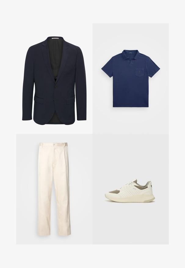 Blazer blu navy realizzato in tessuto liscio, con colletto a revers, due tasche frontali, chiusura a singolo bottone e foderato internamente di nero.; Polo shirt blu navy con colletto corto, taschino sul petto e logo ricamato. Realizzato in un tessuto morbido e strutturato.; Pantaloni in cotone beige con taglio dritto, dotati di chiusura a bottone e pence sul davanti per un tocco di dettaglio in più.; Sneaker atletica bianca e beige chiaro, con tomaia in mesh, dettagli perforati e una suola intermedia texturizzata con marchio sul tallone.