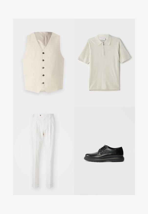 Bežinis lininis liemenė su V formos iškirpte, penkiomis tamsiomis sagomis ir dviem priekinėmis kišenėmis. Vidus išklotas šviesia spalva.; Šviesiai bežinis trumpomis rankovėmis polo marškinėliai su užtrauktuku ant apykaklės. Pagaminti iš lygaus audinio, pasižymi paprastu, moderniu dizainu be raštų.; Baltos, pritaikytos kelnės su lygiu priekiu, dviem raukšlėmis ir prisuktomis rankovėmis. Pagamintos iš lygios medžiagos, su mygtuku juosmenyje.; Juodas odinis batų modelis Oxford su storu padu ir įspaudu "WATERMAN" šone, pavaizduotas profiliu ant šviesiai pilko fono.