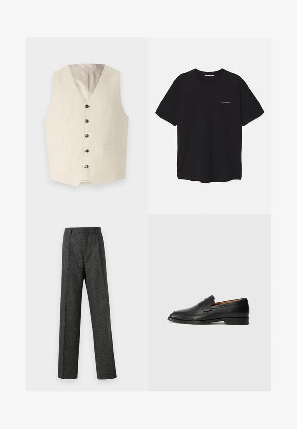 Vesta bej din in cu decolteu în formă de V, cinci butoane întunecate și două buzunare frontale. Interiorul este căptușit într-o nuanță deschisă.; Tricou din bumbac negru, cu guler rotund, mâneci scurte și un imprimeu alb cu logo pe partea stângă a pieptului. Design simplu, de culoare uniformă.; Pantaloni gri ajustați din țesătură texturată, prezentând două pliere frontale și un design drept. Fără buzunare vizibile sau ornamente.; Lofer din piele neagră, cu vârf rotund, detalii cusute subtile și toc jos, având o textură netedă și un design minimalist.