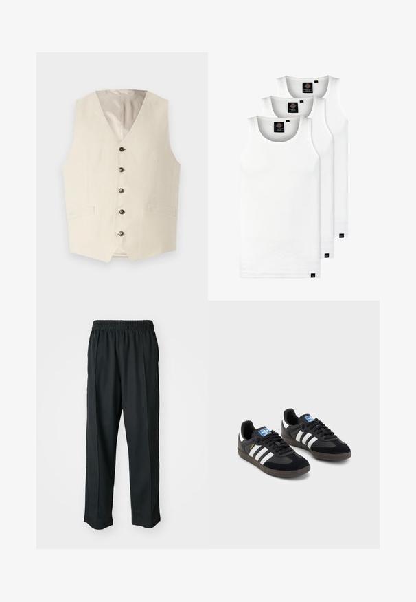 Beige linane vest V-kaelusega, viis tumedat nööpi ja kaks eesmist taskut. Sisemus on vooderdatud heleda värviga.; Kolm valget ribaga t-särki, mis on valmistatud puuvillast. Omavad ümmargust kaelanõhku ja väikseid musti silte hemme lähedal. Saadaval erinevates suurustes.; Mustad mustasport püksid elastse vöökoha ja sileda kangaga, millel on tagasihoidlik külgõmblus ning lõdvestatud lõige, sirge jala disain.; Mustad tossud, mille pealseks on seemisnahk ja sünteetilised materjalid, kolme valge triibuga, tekstureeritud kummitald ja sinine logo silt keele peal.