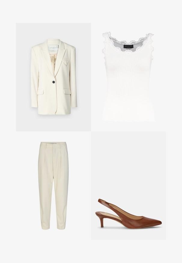 Ivory blazer met een gestructureerd ontwerp, voorzien van een enkele zwarte knoop, notch-revers en twee voorzakken. Subtiele geometrische accenten op de borst.; Witte geribbelde tanktop met kantafwerking op de halslijn en mouwen. Het heeft een zachte textuur en een fitted vorm. Merklabel zichtbaar aan de binnenkant.; Op maat gemaakte crèmekleurige broeken met een hoge taille, plooien aan de voorkant, taps toelopende pijpen en zijzakken. Soepele stof met een lichte textuur.; Lauren Ralph Lauren LOLAH SLINGBACK - Klassieke pumps - deep saddle tan