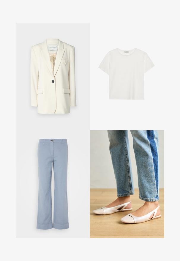 Sacou ivory cu un design structurat, având un singur nasture negru, rever tip notch și două buzunare frontale. Accent geometric subtil pe piept.; Tricou alb cu mânecă scurtă, made din bumbac moale. Are un guler rotund și o croială lejeră. Design curat, fără modele sau accente vizibile.; Pantaloni de in dintr-o nuanță albastră deschisă, cu croială dreaptă, închidere cu nasture și tiv răsfrânt. Textură netedă, proiectați pentru uz casual.; Sandalete plate de un roz pal cu vârf ascuțit, realizate dintr-un material asemănător pielii, neted. Prezintă detalii decupate pe laterale și un toc plat.