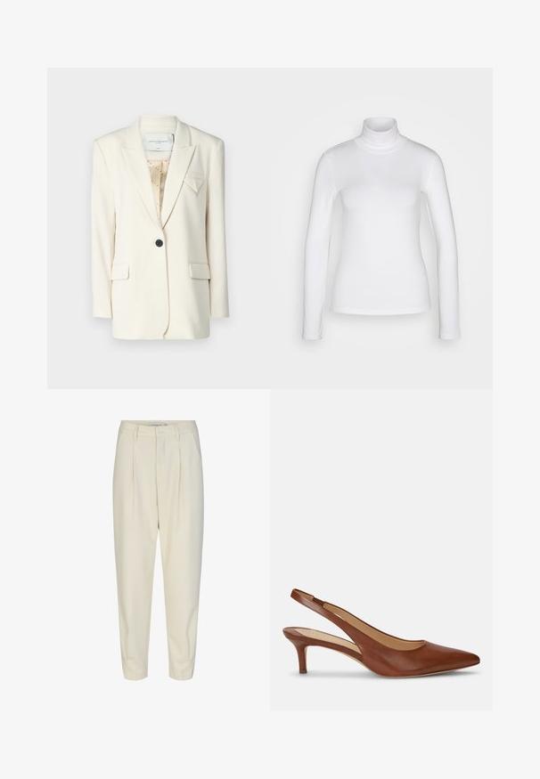 Kreminis švarkas su strukturizuotu dizainu, turintis vieną juodą mygtuką, iškilias klostes ir dvi priekinės kišenes. Subtilus geometrinis akcentas krūtinėje.; Balta ilgomis rankovėmis turtleneck marškinėliai, pagaminti iš lygaus, tamprių audinių. Turi aptemptą siluetą ir aukštą apykaklę. Nėra matomų raštų ar akcentų.; Pritaikyti kreminiai kelnės su aukštu liemeniu, raukšlėmis priekyje, siaurėjančiomis kojomis ir šoniniais kišenėmis. Lygus audinys su lengva tekstūra.; Lauren Ralph Lauren LOLAH SLINGBACK - Klasikiniai aukštakulniai - deep saddle tan