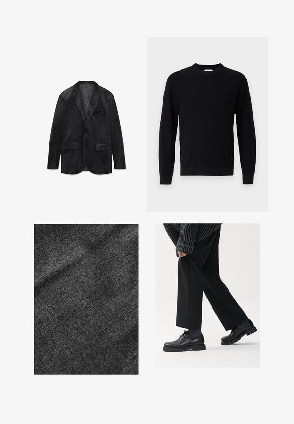 Mustast sametist jakk, millel on sälguga krae, ühe nupuga kinnis, kaks esimest taskut ja sile sisemine vooder. Pehme tekstuur ja klassikaline disain.; Must black knitted sweater, mille ringikrae, pikad varrukad ja sooniktekstuur. Omab sirget äärt ja minimalisiti disaini.; Struktuurne must kangas, millel on pehme, pisut särav pind, millel on peen kudumis muster ja sujuv langevus.; Mustad mustad nahast kingad ümarate varvastega, nööridega disain ja paks tekstuurne talla. Kanda koos kohandatud mustade pükstega ja ribadega sviitriga.