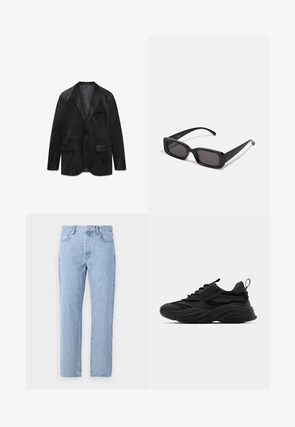 Fekete bársony blézer beszakított hajtókával, egysoros gombolással, két elülső zsebbel és sima béléssel. Puha tapintású és klasszikus kialakítású.; Fehér, hosszú ujjú, gombos ing, sima anyagból készült. Klasszikus nyakkal, elöl gombokkal és egy gombos mandzsettával rendelkezik. Slim fit fazon.; Világoskék denim farmernadrág, egyenes szárakkal, öt zsebbel és gombos zárással. Puha tapintású, klasszikus, megfakult megjelenéssel.; Fekete sportcipők vastag talppal, hálós panelek és gumis részletek. A sarkán húzófül található, valamint mintás textúrák jellemzik.; Fekete, téglalap alakú napszemüveg sötét lencsékkel, fényes felülettel, széles szárakkal és masszív keret designnal. Az egyik szárra gravírozott márkanevével.