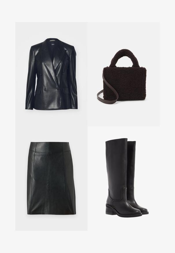 Crni kožni sako s dvostrukim kopčanjem i sjajnom teksturom, s reverima, dva prednja džepa i crnim gumbima. Dizajniran za krojeni izgled.; Bijela bezrukavna majica od rebrastog materijala, s okruglim izrezom i uskim siluetom. Glatka tekstura, bez vidljivih uzoraka ili akcenata.; Crna kožna suknja s prilagođenim dizajnom. Glatka tekstura, šavovi koji oblikuju siluetu i ravni rub. Minimalistički i elegantan izgled.; Crne kožne čizme do koljena s glatkom teksturom, okruglim vrhom i debelim petama. Imaju suptilne šavove i elegantan dizajn.; Smeđi, teksturirani ručni torba od mekog flisa, pravokutnog oblika, s dva gornja ručka i odvojivim smešim remenom.