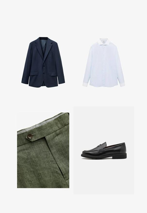 Marineblå blazer lavet af tekstureret stof, med en to-knaps lukning, detajleret krave og to sidelommer. Foret inderside.; Lysblå stribet langermet skjorte med hvid krave og manchetter, udstyret med knaplukning og en buet kant. Glat stofstruktur.; Olivenfarvede linnedbukser med en frontfold, prydet med en knaplukning og et kontrastfarvet ternet for i taljebåndet.; Sorte syntetiske loafers med en fremtrædende syet front, polstret indersål og flad gummiydersål; slankt design med minimal detaljer.