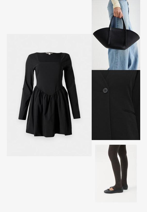 Pojedynczy czarny guzik zapinający czarną marynarkę w pobliżu jednego kieszonki welt na prawej stronie.; Czarna długa sukienka z długim rękawem i kwadratowym dekoltem, dopasowane bodice i marszczoną spódnicą. Wykonana z miękkiego materiału o gładkiej fakturze.; Czarne płaskie buty z małym kokardkowym detalem na palcach, zestawione z ciemnobrązowymi rajstopami w prążki. Buty mają gładką teksturę i niski profil.; Czarna skórzana torebka w unikalnym kształcie wachlarza, z płaskimi uchwytami. Powierzchnia ma fakturę kamyków i minimalistyczny design.