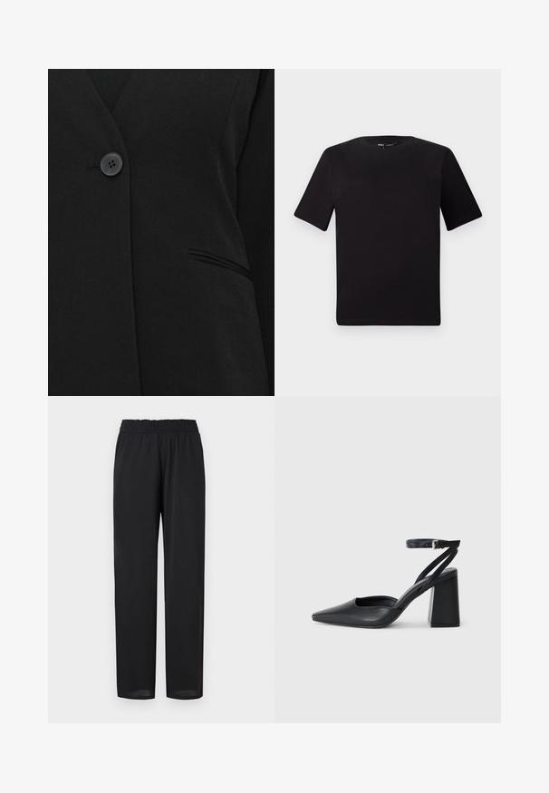 Egy fekete gomb rögzíti a fekete zakót a jobb oldalon található egyetlen zsebnél.; Fekete, rövid ujjú póló, kerek nyakkal, puha pamutból készült. Egyszerű dizájn, nincs látható logó vagy minta.; Fekete, könnyű nadrág, laza fitneszben, rugalmas derékkal és sima textúrával. A egyenes lábak enyhén szűkülnek az alján.; Fekete bőr, hegyes orrú magassarkú cipő boka pánttal és vastag sarokkal. Sima textúra, elegáns dizájn és minimális esztétika.
