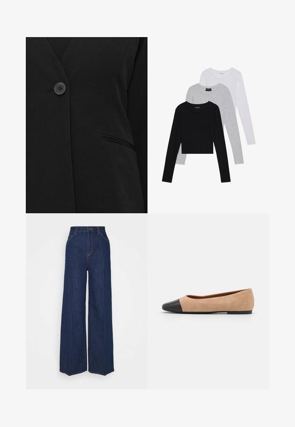 Yksi musta nappi kiinnittää mustaa pukua oikealla puolella olevan yksittäisen welt-taskun lähellä.; Kolme pitkähihasta paita päällekkäin: musta, harmaa ja valkoinen. Jokaisessa on pyöreä pääntie ja lyhennetty muotoilu, jossa on sileä ja kevyt kangas.; Tummat siniset farkut, joissa on korkea vyötärö ja leveät lahkeet, etu- ja takataskut, nappisulku ja näkyvät ompeluyksityiskohdat.; Beige mokkasiner i semsket skinn med svart lær ved tuppen, lav hæl og glatt tekstur, med minimal søm og et rent design.