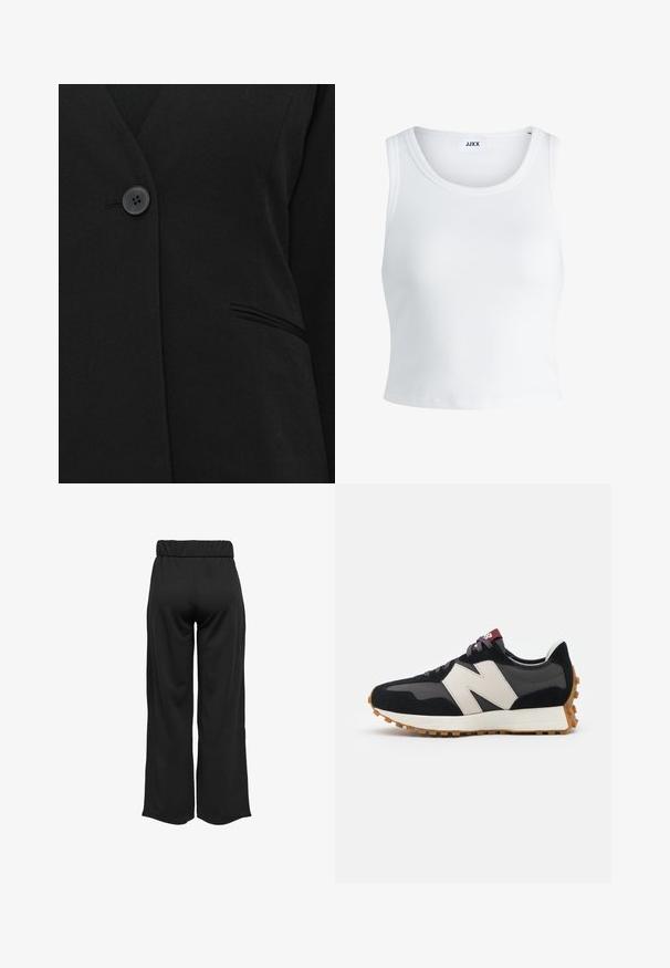 En enkelt svart knapp som fester en svart blazer nær en enkelt lomme med welt på høyre side.; Hvit ribbestrikket tank topp med rund hals, uten ermer og croppe lengde. Merket leser "JJXX." Glatt stoff tekstur.; Svarte, vide bukser med elastisk midje, laget av glatt stoff. Har et rent design uten lommer eller synlige sømmer.; Sorte og grå sued sneakers med et stort cremefarvet "N" logo, lilla snørebånd og en tekstureret gummisål.