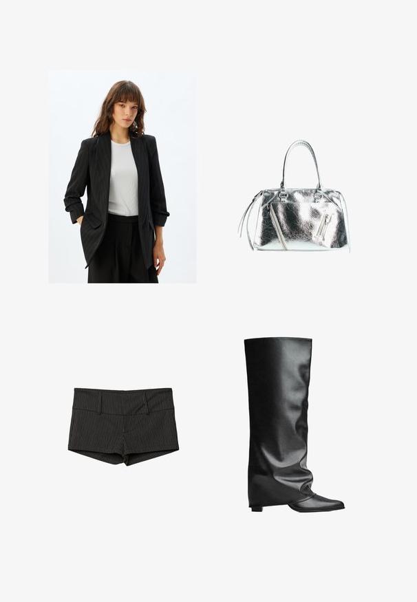 Czarna marynarka w prążki o dopasowanym kroju, z kołnierzem szalowym i bocznymi kieszeniami. Połączona z białą koszulą z prążkami pod spodem.; Czarny t-shirt typu off-shoulder z krótkim rękawem, z białym logo Adidas oraz trzema białymi paskami na ramionach. Gładka tekstura materiału.; Szorty w czarne i szare paski o dopasowanym kroju, z płaskim pasem, dwiema przednimi kieszeniami i końcówką sięgającą do połowy uda.; Czarne skórzane kozaki do kolan o gładkiej fakturze, luźnym kroju, spiczastym nosku i niskim kwadratowym obcasie. Minimalistyczny styl bez widocznych elementów metalowych.; Metaliczna srebrna torba o sztywnym kształcie, z dwoma uchwytami na górze i kieszeniami zapinanymi na zamek z przodu. Gładka, błyszcząca tekstura.