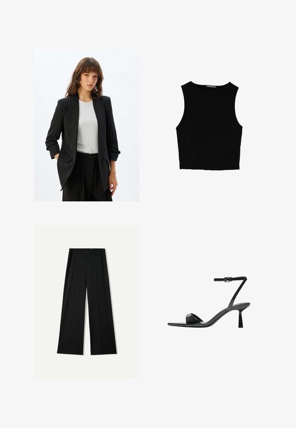 Schwarzer Nadelstreifen-Blazer mit maßgeschneidertem Design, ausgestattet mit einem Schalkragen und Seitentaschen. Kombiniert mit einem weißen gerippten Hemd darunter.; Schwarzes ärmelloses Crop-Top aus glattem Stoff, mit rundem Ausschnitt und einem klaren, schlichten Design ohne Muster oder Beschläge.; Bershka WIDE - Stoffhose - black; Bershka High Heel Sandalette - black
