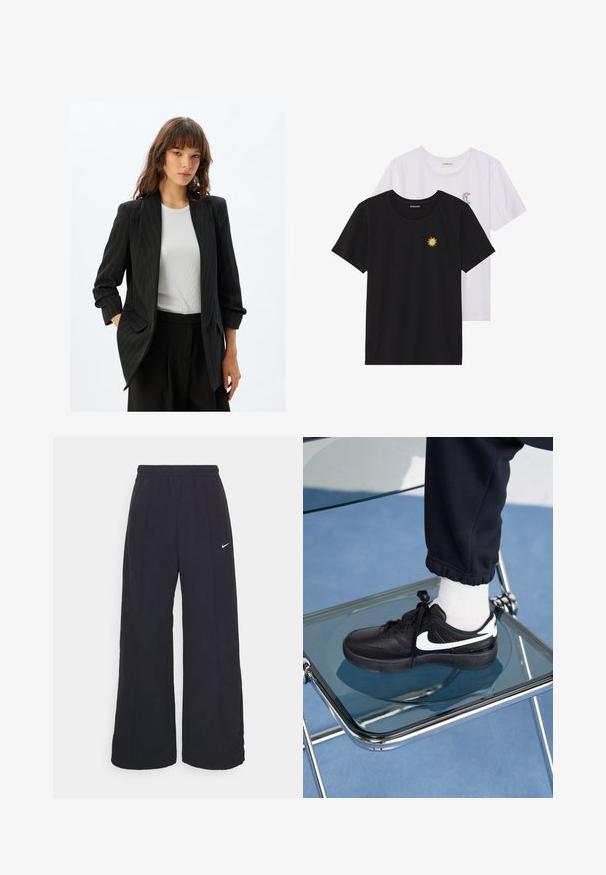 Zwarte pinstripe blazer met een getailleerd ontwerp, voorzien van een sjawl kraag en zijzakken. Gepaard met een witte geribde shirt eronder.; Zwart-witte T-shirts, ronde hals, korte mouwen. Het zwarte shirt heeft gele zon-geborduurde details; het witte shirt heeft een purperen halve maan accent.; Zwarte wijde broek met een elastische tailleband en een klein wit Nike-logo. De stof heeft een soepele textuur, ontworpen voor comfort en casual gebruik.; Zwarte Nike sneakers met witte accenten, met een gladde leren textuur, vetersluiting en ronde neus, geplaatst op een glazen stoel.