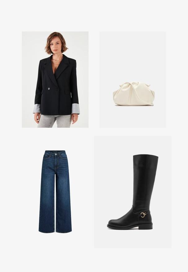Melnā divrindas jaka ar grieztiem apkaklīšiem, pelēkas kontrastējošas aproces un divām priekšējām kabatām. Gluda tekstūra un pieguļošs siluets.; Divi balti kamzoli ar plānām siksnām, izgatavoti no gludas auduma, ar pieguļošu, bez piedurknēm dizainu un vienkāršu, viendabīgu krāsu.; Platām kājām džinsi, kas izgatavoti no tumši zilas džinsa auduma, ar augstu vidukli, apdarei ar rāvējslēdzēju, priekšējām kabatām un redzamām šuvju detaļām.; Anna Field Wide Fit Zābaki - black; Krēmkrāsas, mīksta mākslīgā āda, soma ar pulcēta dizaina, regulējamu jostu un diskrētu aukliņu aizdari. Gluda tekstūra un noapaļota forma.; Sudraba pilišu auskari ar noapaļotām, atstarojošām virsmām; minimālisma dizains ar gludu tekstūru un diskrētu zīmola detalizāciju.