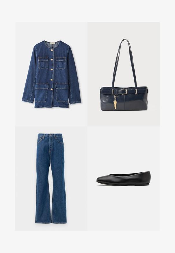 Traper jakna, plava, s okruglim izrezom, prednjim dugmadi, dva džepa na prsima i dva donja džepa; sadrži dugmad i šavove zlatne boje.; Prugasta košulja dugih rukava s bijelom podlogom, koja ima uske višebojne pruge u plavoj, narančastoj i zelenoj boji. Klasični ovratnik.; Plave traperice s flared krojem i visokim strukom, sa pet džepova, srebrnim zatvaranjem na dugme i vidljivim šavovima.; Paul Smith TOPANGA - Balerinke - black; Morska kožna torbica s dva duga ramena, detaljem kopče i privjeskom za ključeve. Ima glatku teksturu i pravokutni oblik.