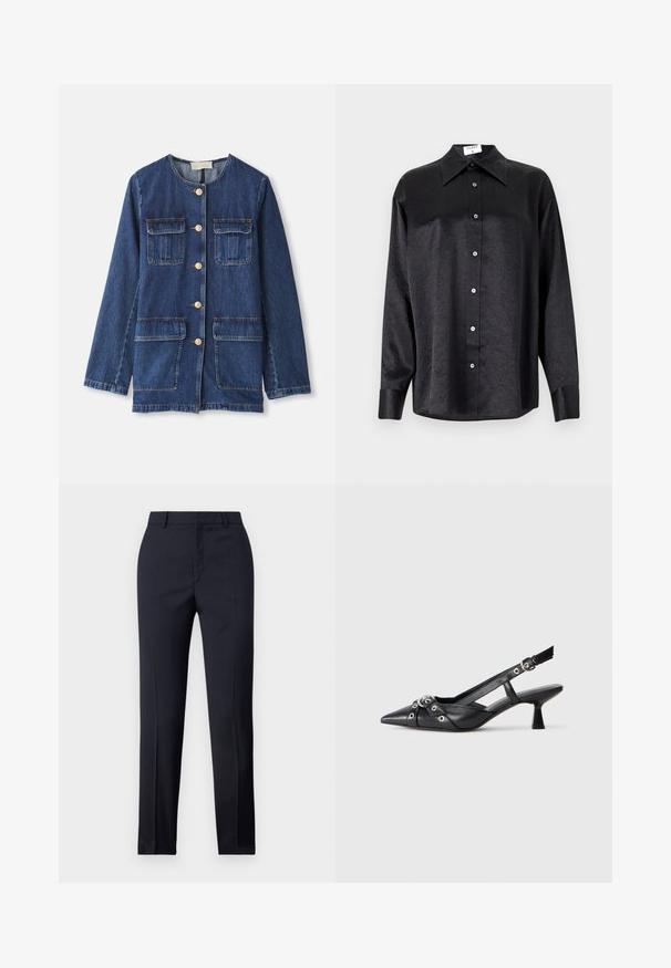 Denim jacket, blue, with round neckline, button front, two chest pockets, and two lower pockets; features gold-tone buttons and stitching.; Black long-sleeve shirt with a collared neckline, featuring a crinkled texture, full button front, and cuffs. Made from a smooth fabric.; Navy tailored trousers with a straight cut, featuring a smooth texture, two front pockets, and a clean waistband.; Black leather slingback shoe with a pointed toe, decorative straps featuring metal eyelets, and a low block heel. Textured surface.