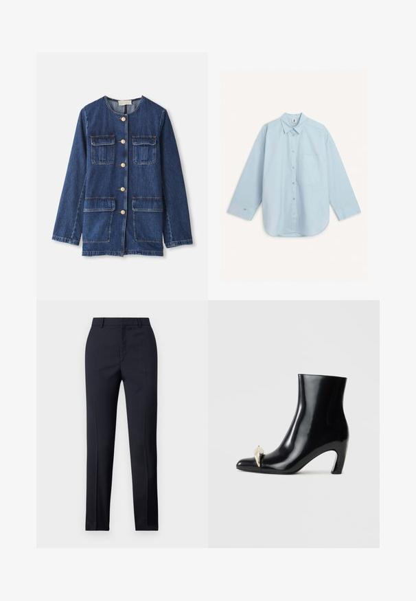 Farmertakó, kék, kerek nyakkivágással, gombos elön, két mellzsebbel és két alsó zsebbel; aranyszínű gombokkal és varrással rendelkezik.; By Malene Birger DERRIS - Gombos blúz - light blue; Tengerészkék, egyenes szabású, szabott nadrág sima textúrával, két elülső zsebbel és letisztult derékkal.; Fekete bokacsizma fényes bőrből, hegyes orral és díszes arany- és ezüstszínű részlettel az elején. Tömör sarok kialakítás.