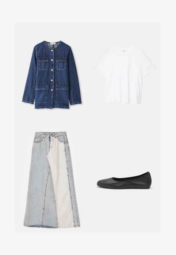 Jeansjacka, blå, med rund halsringning, knäppning fram, två bröstfickor och två nedre fickor; har detaljer i guldton och stygn.; Vit bomull t-shirt med kort ärm, rund halsringning, avslappnad passform och söm i nederkant. Etikett synlig på insidan av halsen.; Jeanskjol med ett lapptäcke-design som har ljus- och mellanblå sektioner, fransade fållar och hög midja. Klassisk femfickstil.; Svart läderballerinaskor med rund tå, slät yta, minimala söm detaljer och en flexibel sula.